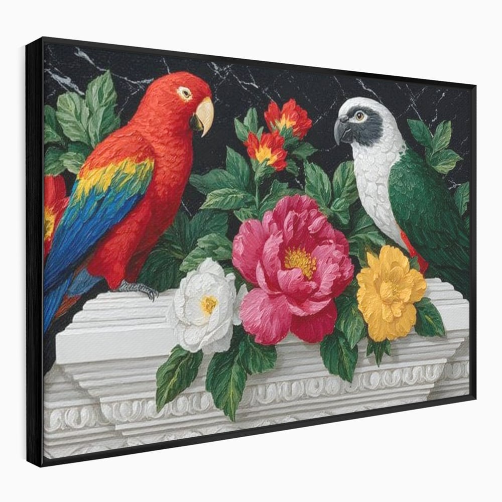 Tablou canvas cu pictura cu papagali si flori, in rama de aluminiu negru